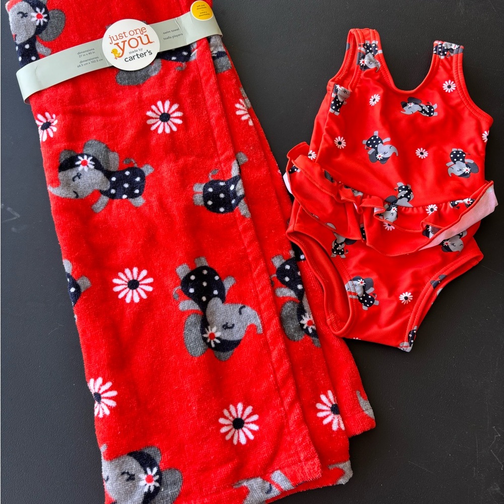 NWT- Carter's Red Elephant Baby Girl Swimsuit and Matching Towel